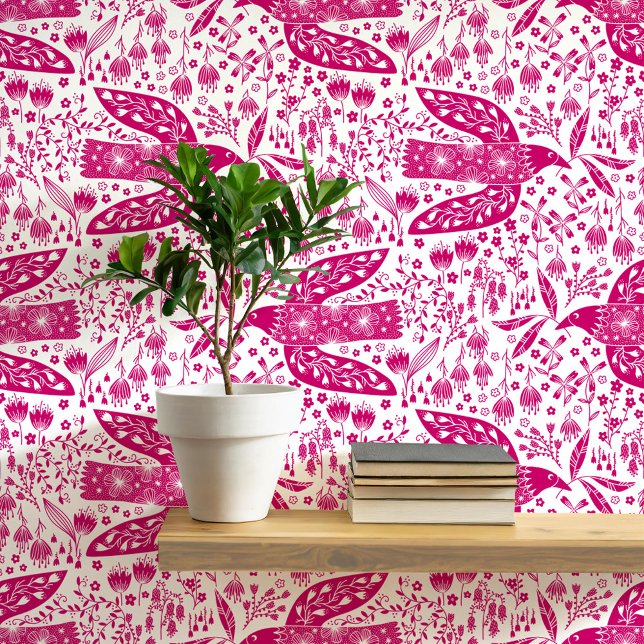 Tauben und Blume Magenta Rosa und Weiße Vogelkunst Tapete (Doves and flowers bird art peel and stick wallpaper)