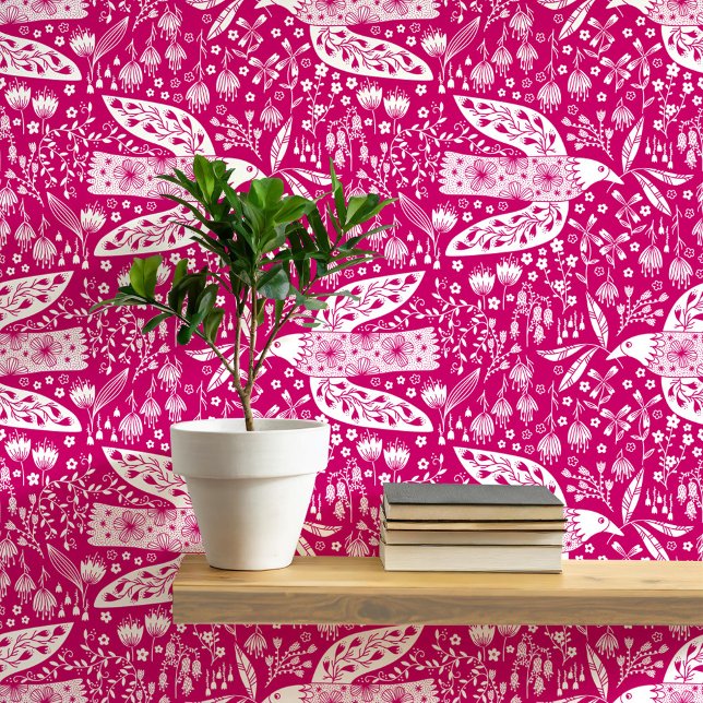 Tauben und Blume Weiß auf rosa Vogelkunst Tapete (Doves and Flowers pretty folk art style bird and botanical floral pattern peel and stick wallpaper)
