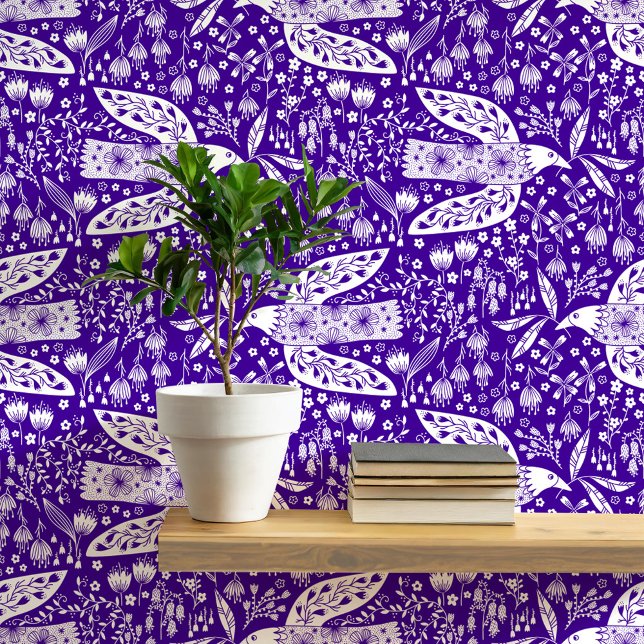 Tauben und Blume Weiß über Lila Vogelkunst Tapete (Doves and Flowers pretty folk art style bird and botanical floral pattern peel and stick wallpaper)