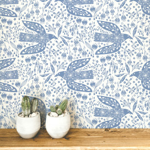 Tauben und Blumen Blaue und Weiße Vogelkunst Tapete