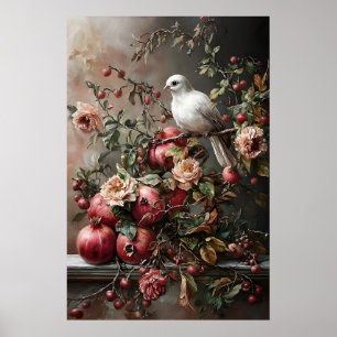 Tauben- und Granatapfel-Kunstposter, dunkles Cotta Poster