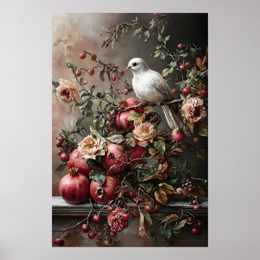 Tauben- und Granatapfel-Kunstposter, dunkles Cotta Poster (Vorne)