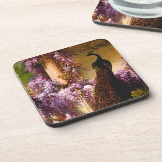 Tauben und Pfauen im Garten Getränkeuntersetzer (Linke Seite)