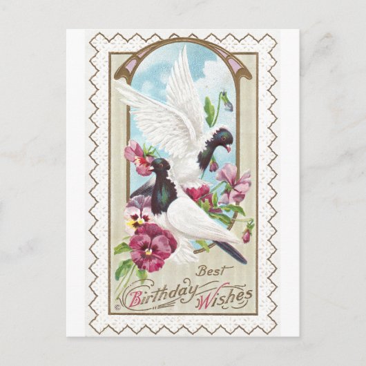 Tauben und Stiefmütterchen Vintag zum Geburtstag Postkarte (Vorderseite)