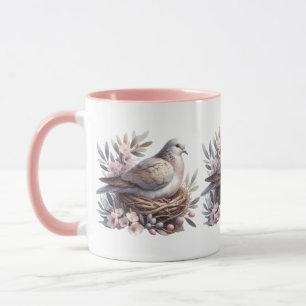 Taubennest in Rosa mit Blumen und Olivenzweigen Tasse