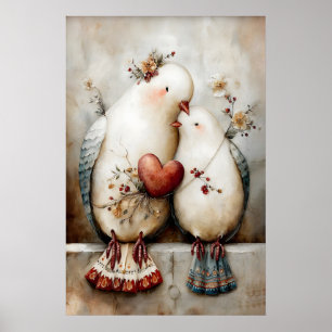 Taubenpaar-Wandkunst, Romantische Tauben-Illustrat Poster