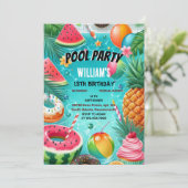 Tauchboy Wasser blau Cool Pool Party 13. Geburtsta Einladung (Stehend Vorderseite)