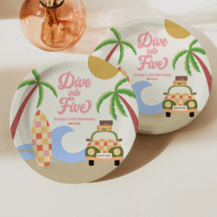 Tauche ein in Five Surfbrett Pink 5. Geburtstagsfe Pappteller
