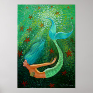 Tauchen Blue Hair Mermaid Fantasy Art Poster