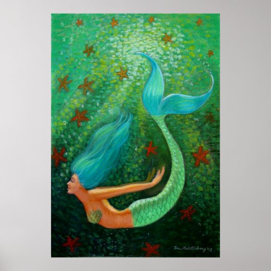 Tauchen Blue Hair Mermaid Fantasy Art Poster (Vorne)