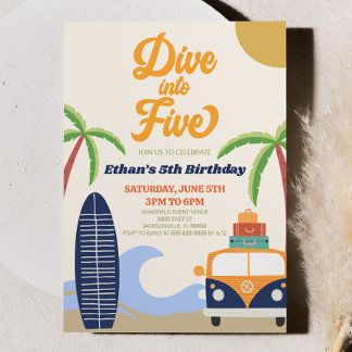 Tauchen in 5 Beach Surf Retro 5. Geburtstagsparty Einladung