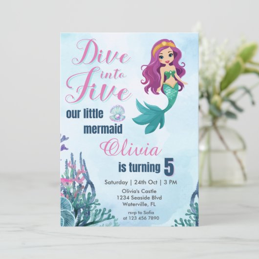 Tauchen Sie ein in fünf Lila Meerjungfrauen 5. Geb Einladung (Stehend Vorderseite)