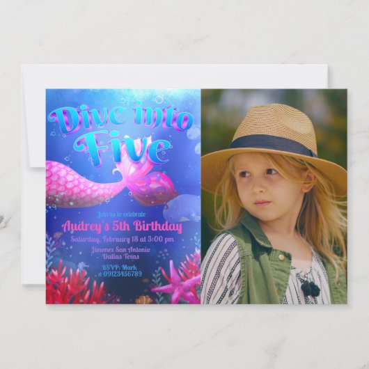 Tauchen Sie ein in fünf - Meerjungfrau mit Foto La Einladung (Vorderseite)