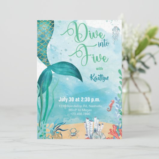 Tauchen Sie ein in fünf Meerjungfrau unter dem Mee Einladung (Stehend Vorderseite)