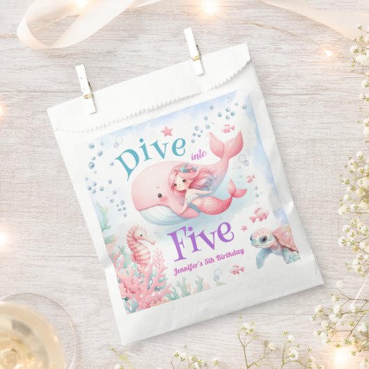 Tauchen Sie in fünf ein! Girl Pink Mermaid 5. Gebu Geschenktütchen (Ausgeschnitten)