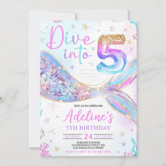 Tauchen Sie in fünf Meerjungfrau Lila Aquamarin 5. Einladung (Vorderseite)
