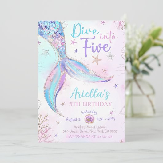 Tauchen Sie in fünf Meerjungfrau Lila Aquamarin 5. Einladung (Stehend Vorderseite)