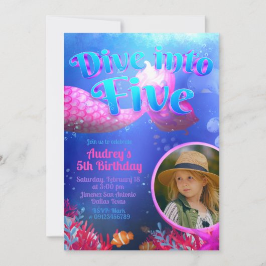 Tauchen Sie in fünf - Meerjungfrau mit Foto Einladung (Vorderseite)