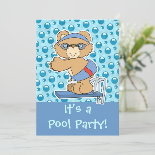 Tauchen Teddy Bear Pool Party Einladung (Stehend Vorderseite)