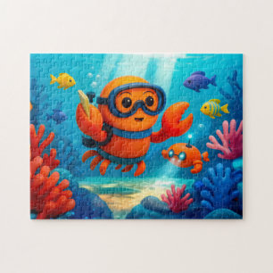 Tauchende Krabbe erkundet farbenfrohe Unterwasser- Puzzle