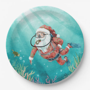 Tauchender Weihnachtsmann unter Wasser Weihnachten Pappteller