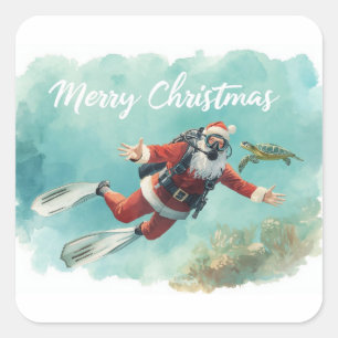 Tauchender Weihnachtsmann Unterwasser Frohe Weihna Quadratischer Aufkleber