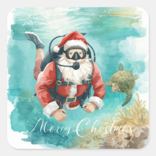 Tauchender Weihnachtsmann Unterwasser Frohe Weihna Quadratischer Aufkleber