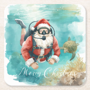Tauchender Weihnachtsmann Unterwasser-Weihnachten Rechteckiger Pappuntersetzer