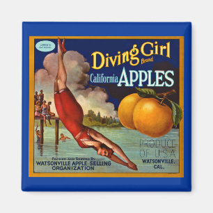 Tauchendes Mädchen Äpfel Vintage Obstkisten Etiket Magnet