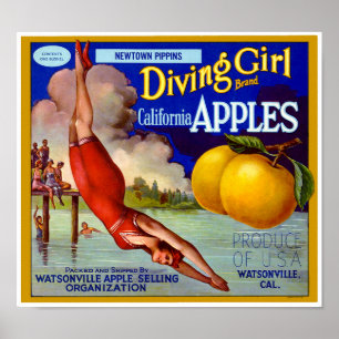 Tauchendes Mädchen Marke Kalifornien Äpfel Obstkis Poster