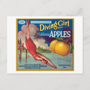 Tauchendes Mädchen Vintage-Äpfel-Etikett Postkarte