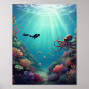 Taucher entdeckt ein Meereslebewesen Poster