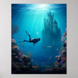 Taucher findet ein Schloss im Riff Poster