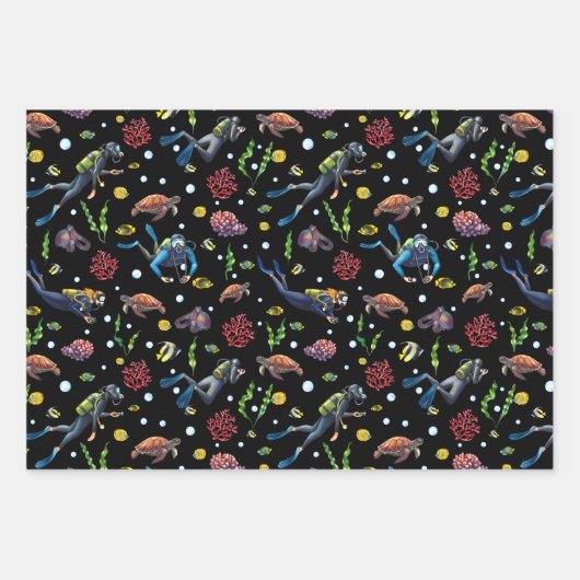 Taucher unter tropischen Fischen aus dem Ozean Geschenkpapier Set (Vorderseite)