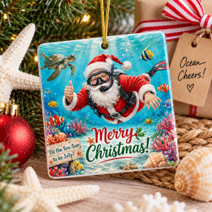 Taucher Weihnachten Santa Claus Tauchen mit Schild Keramikornament