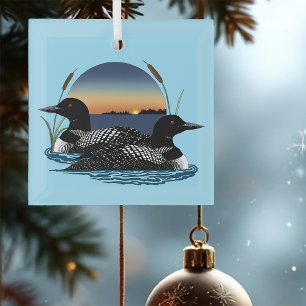 Tauchervogel-Paar Sonnenuntergang Blauer See Wildt Ornament Aus Glas