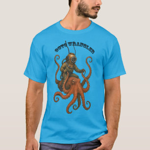 Tauchhelm-Taucher auf einem riesigen Oktopus reite T-Shirt