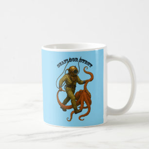 Tauchhelm-Taucher aus der Vintage-Zeit geht mit ei Kaffeetasse