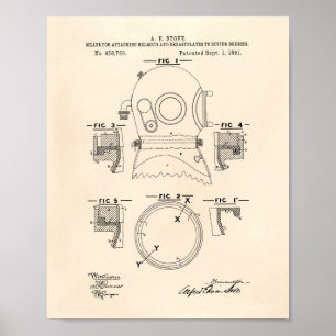 Tauchhelme 1891 Patent Kunst Alter Papier Poster