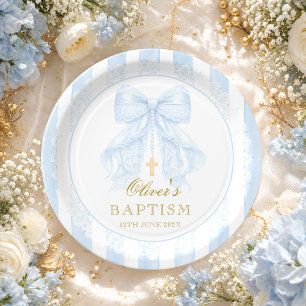 Tauf Blaues Schleifen Baby Junge Pappteller