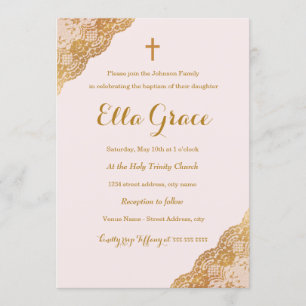 Tauf-Einladung Mädchen Pink Gold Spitze + Einladung
