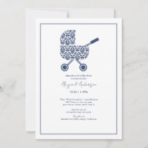 Tauf-Einladung Navy Damast Kinderwagen