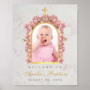 Tauf-Foto Falsche Goldbogen Rosa Orchideen Willkom Poster