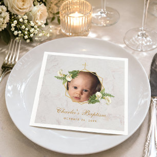 Tauf-Foto Marmor Floral Calla Lilien Gold Serviette