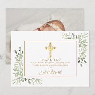 Tauf-Foto mit Grünpflanzen und goldenem Kreuz Dankeskarte