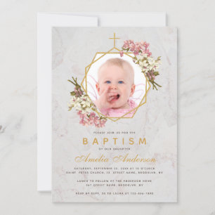 Tauf Mädchen Foto Floral Gold Rosa Orchideen Marmo Einladung