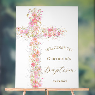Tauf rosa Blumen Kreuz Willkommen klares Schild