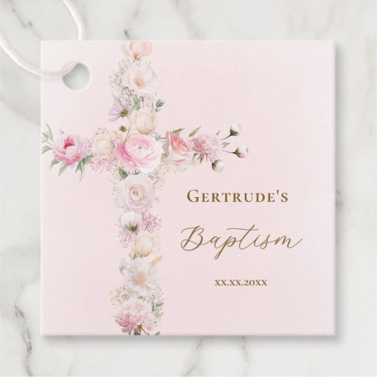 Tauf rosa Blumenkreuz Geschenkanhänger (Vorderseite)