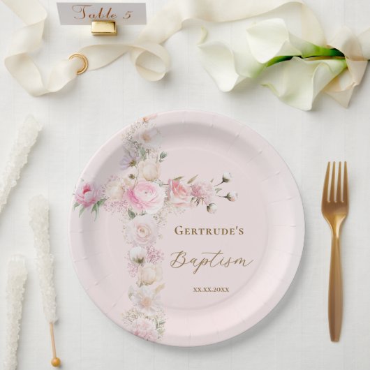 Tauf rosa Blumenkreuz Pappteller (Hochzeit)
