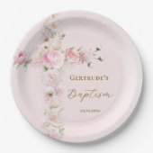 Tauf rosa Blumenkreuz Pappteller (Vorderseite)